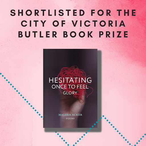 Maleea Acker's poetry collection, Hesitating Once to Feel Glory--a book cover with a dark background and a hand holding a crumpled ball of read yarn--is featured underneath the words 