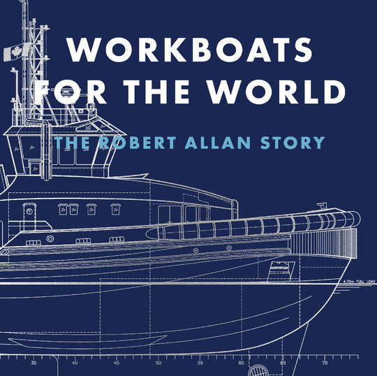 Workboats for the World book cover, with book title and line drawing of ship, set in silver against a navy blue background